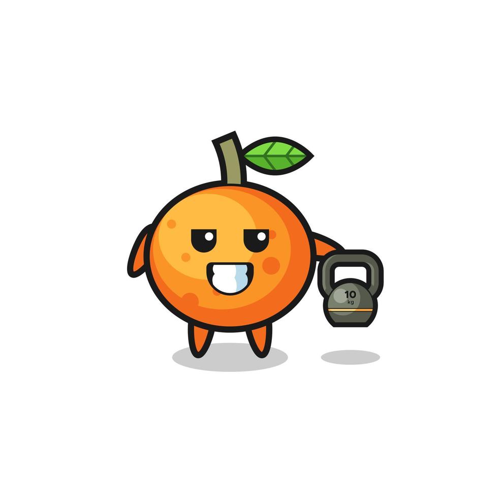 Mascota de mandarina levantando pesas rusas en el gimnasio vector