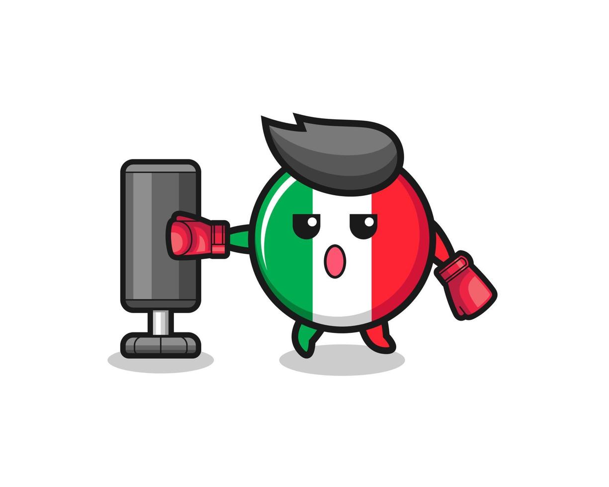 Italia bandera boxeador de dibujos animados haciendo entrenamiento con saco de boxeo vector