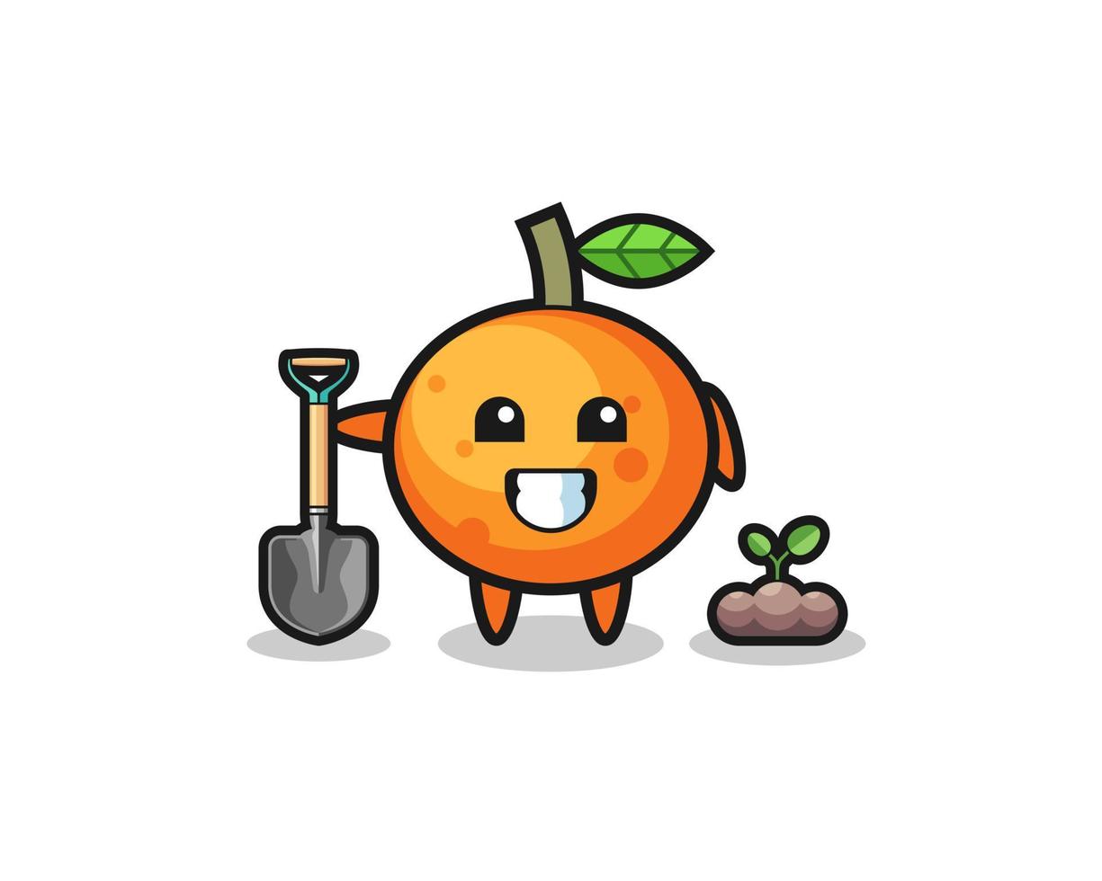 cute mandarin orange cartoon is planting a tree seed vector