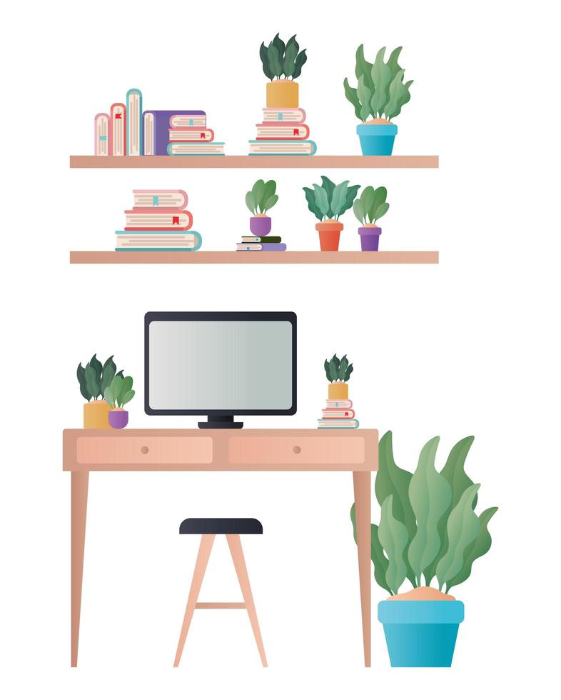 desk with computer and plants vector design