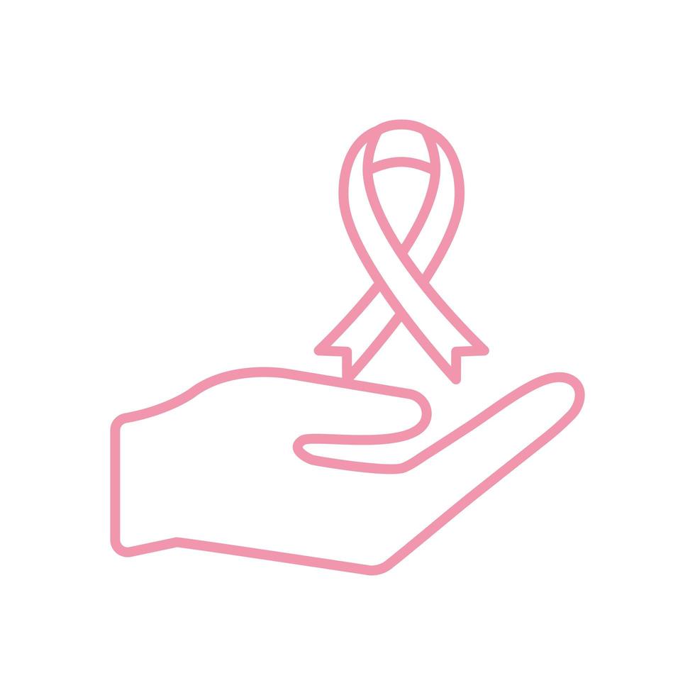 breast cancer ribbon over hand line style icon vector design