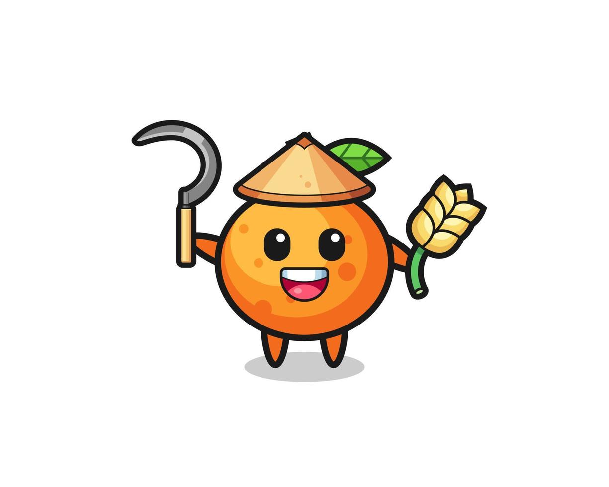 agricultor asiático mandarín naranja sosteniendo arroz vector