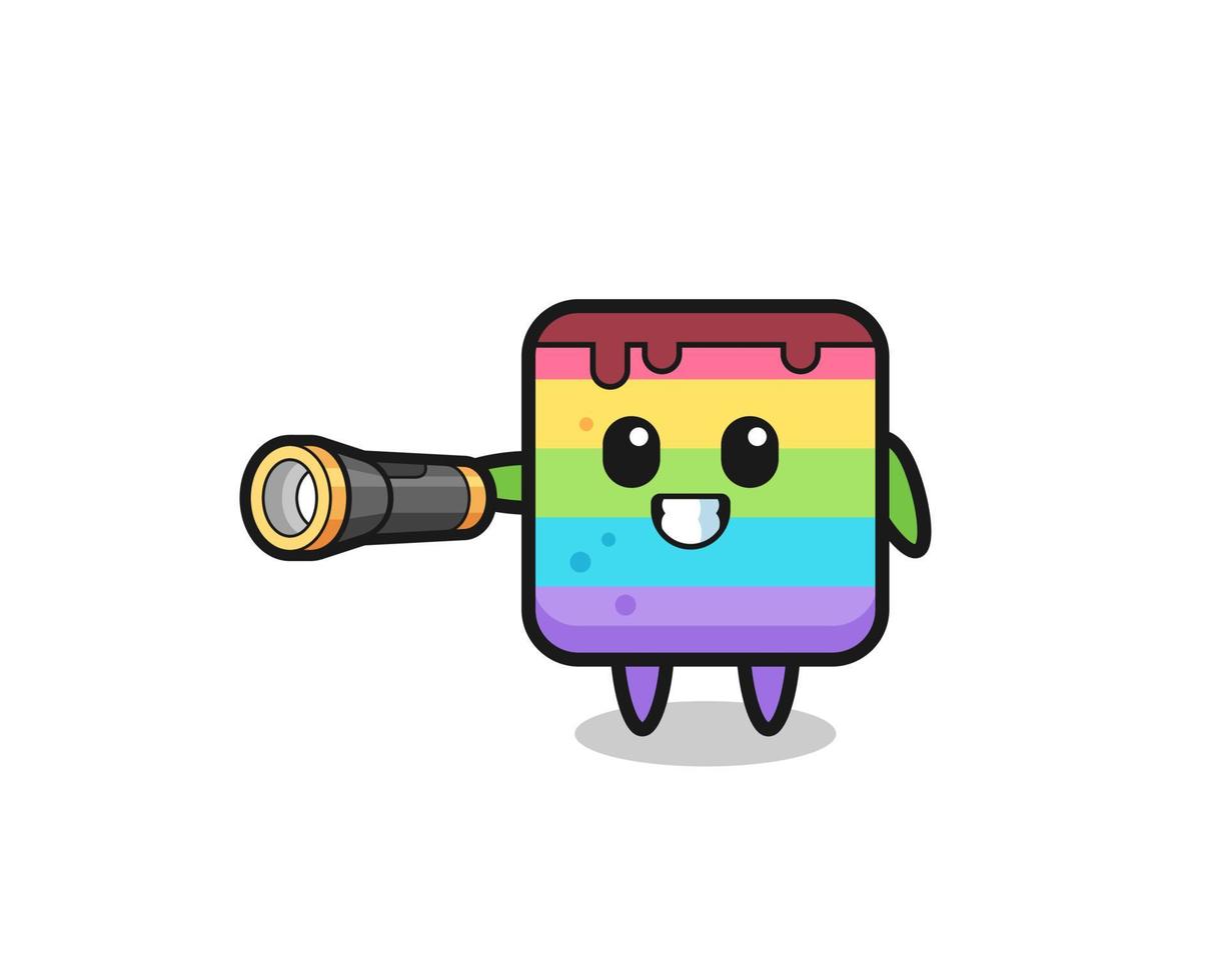 rainbow cake mascot holding flashlight vector