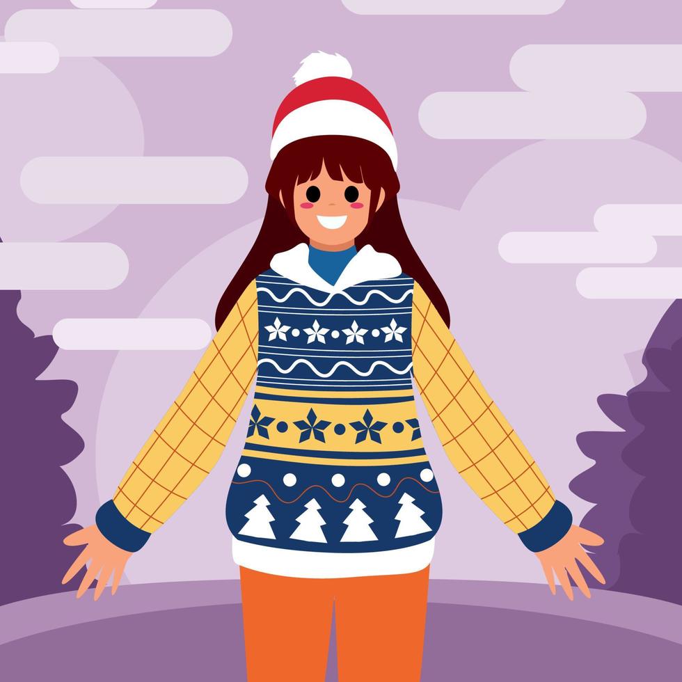 niña con feo suéter concepto de navidad vector