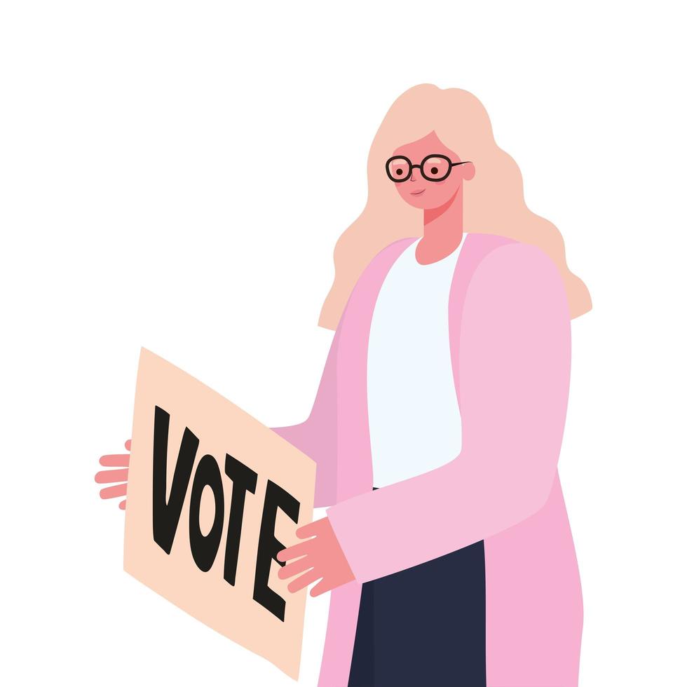 mujer con cabello amarillo, abrigo rosa y cartel de voto vector