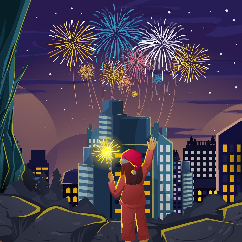 Girl Looking at the Firework in the  City vector
