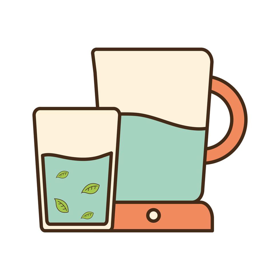 Tarro de té y vidrio con hojas de línea y diseño de vector de icono de estilo de relleno