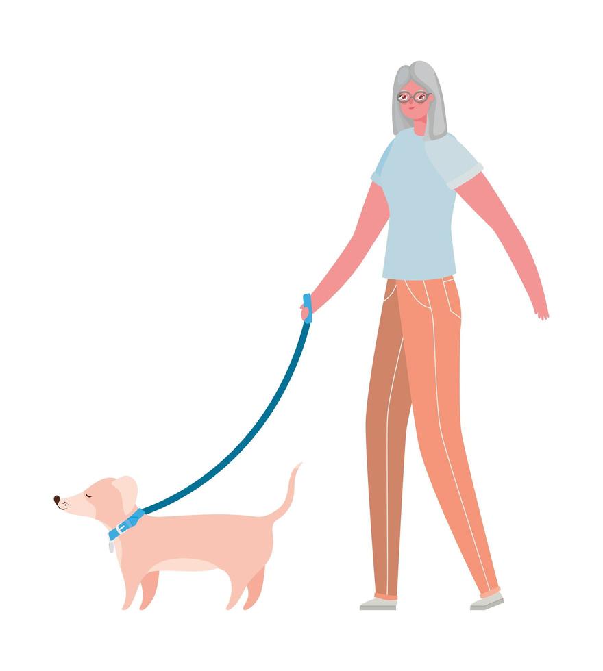 caricatura de mujer mayor con diseño de vector de perro