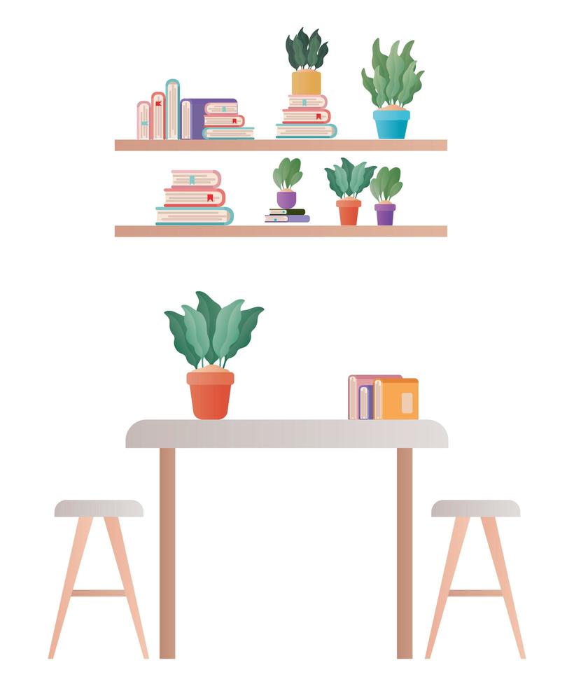 table with chairs plant and books vector design