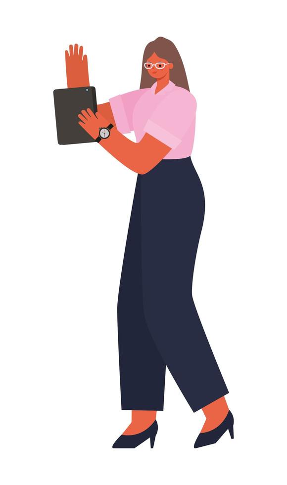 Mujer con cabello castaño y diseño de vector de trabajo de tableta