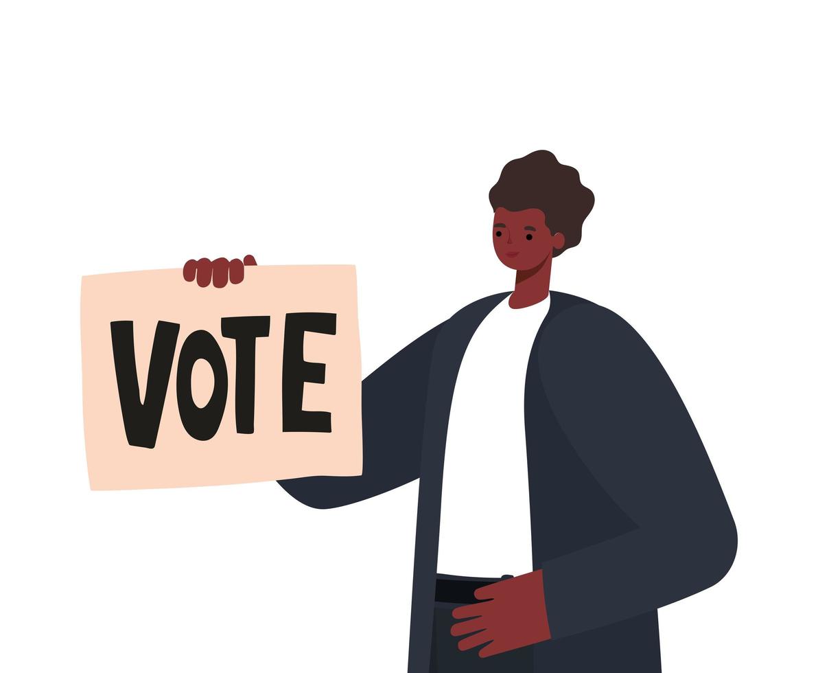 Hombre con cabello negro, traje negro, reloj de pulsera y voto de póster. vector