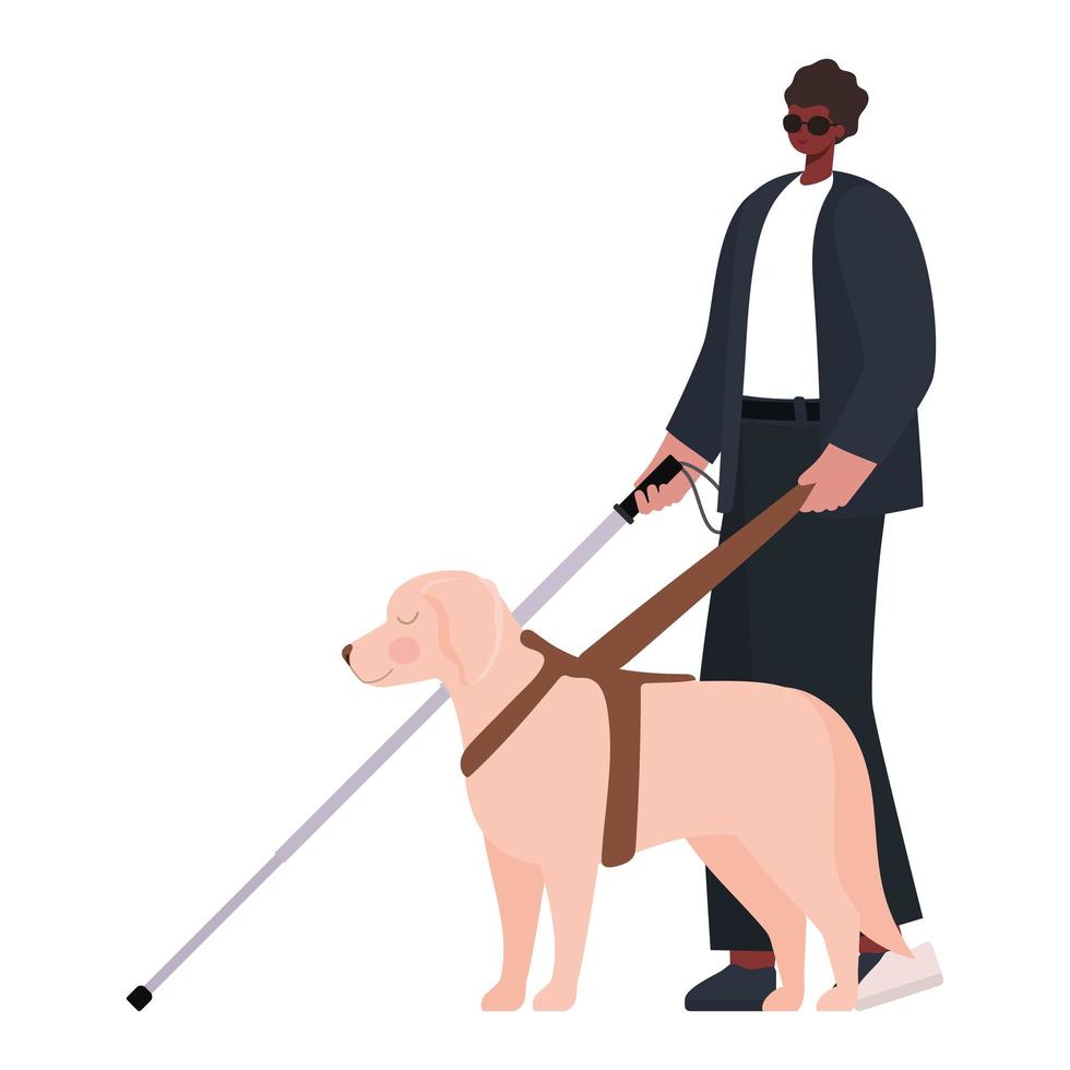 Hombre con discapacidad visual y perro guía. vector