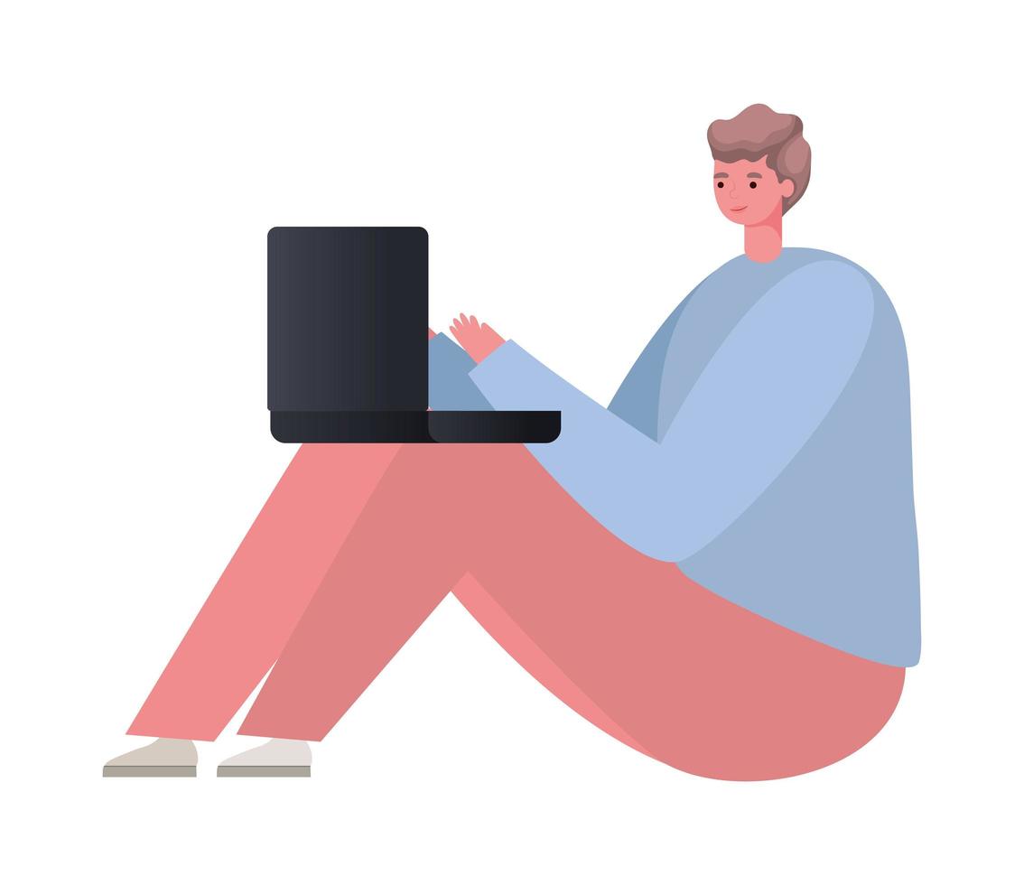 seated man with laptop working vector design