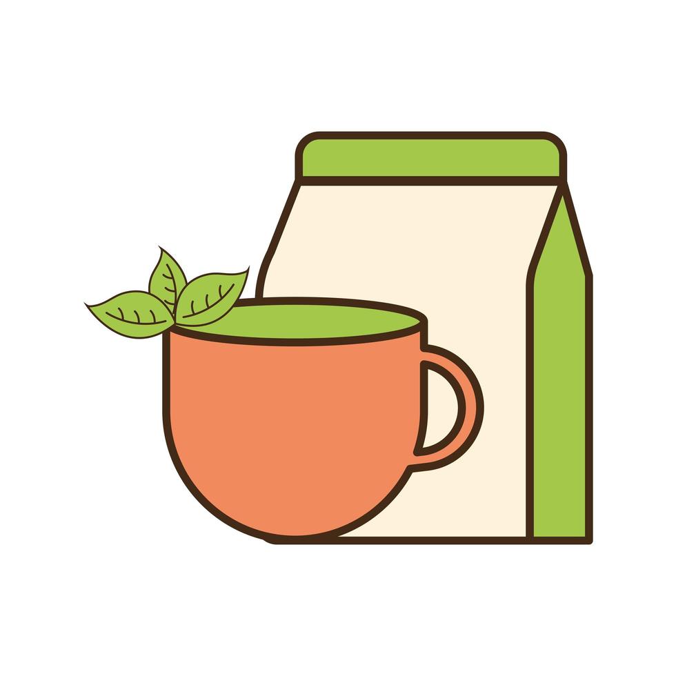 tea cup with leaves and bag line and fill style icon vector design