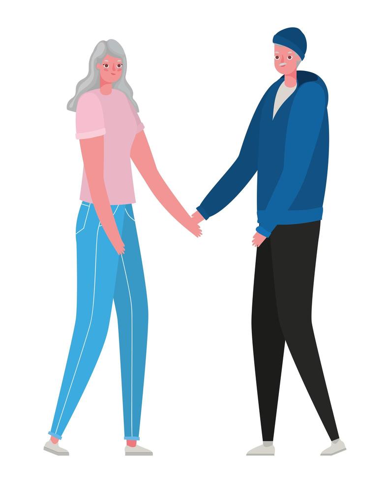 Dibujos animados de mujer y hombre senior con ropa deportiva tomados de la mano diseño vectorial vector