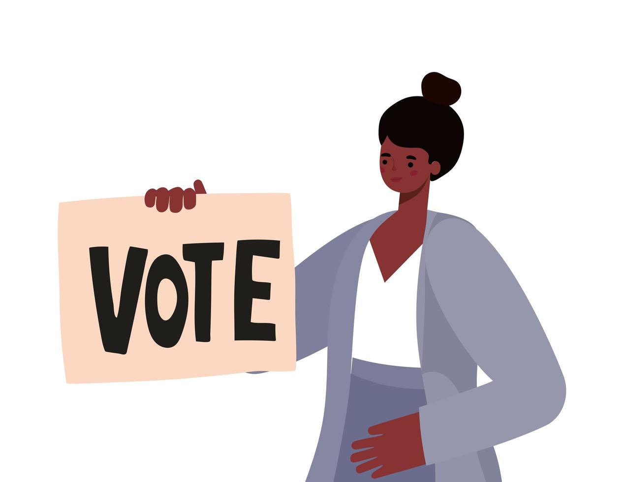 mujer con cabello negro, traje gris y un cartel de voto vector