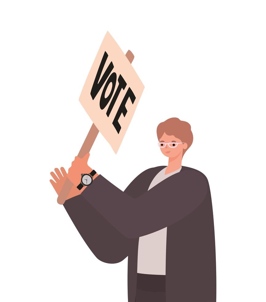 man with ligth brown hair, a dark suit and poster vote vector