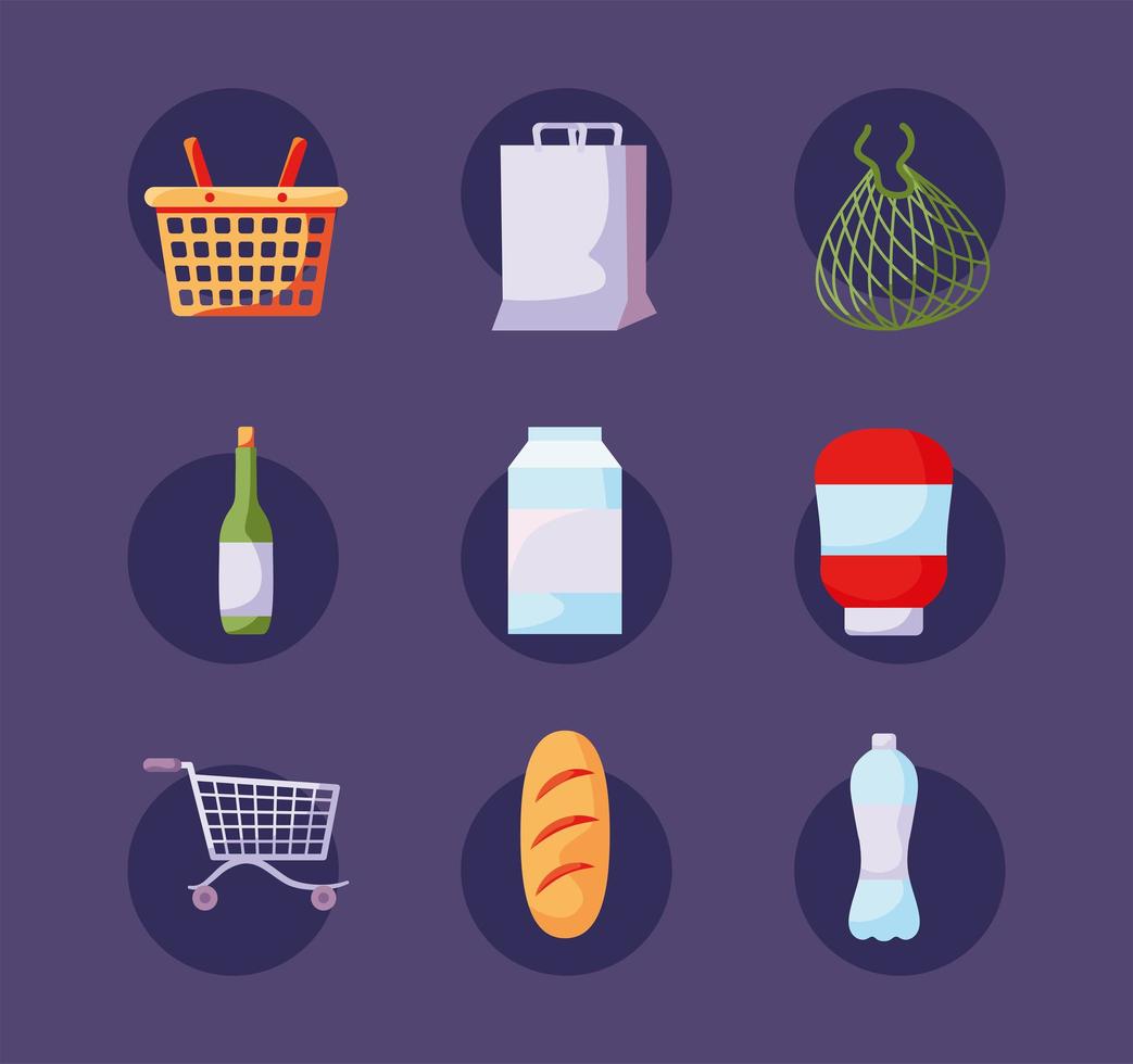 nine groceries items vector