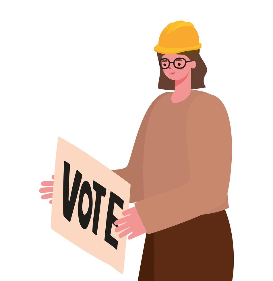 woman with brown hair, safety helmet and a vote poster vector