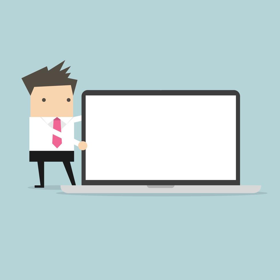 Businessman pointing to laptop display. vector