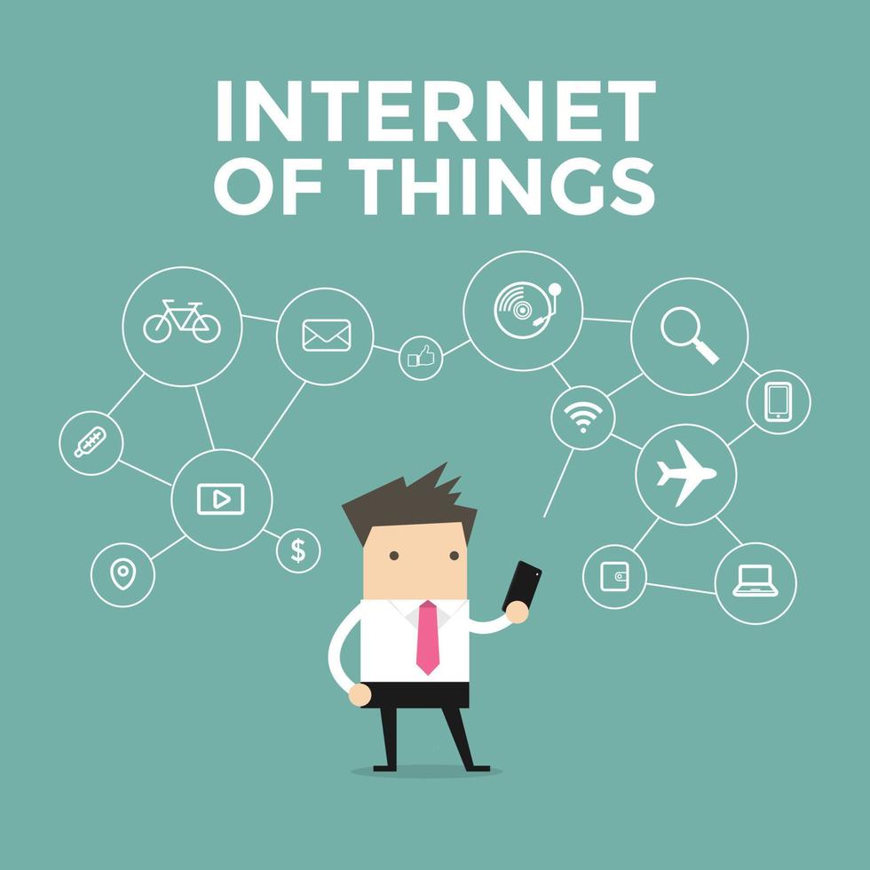 Businessman holding mobile phone connected to various objects, Internet of things. vector