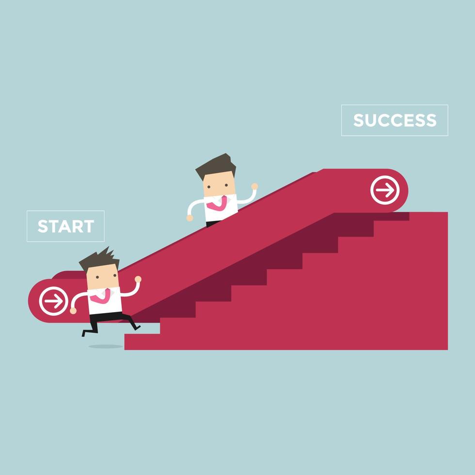 Businessman who going up to escalator to success and another man who is climbing the stairs. vector