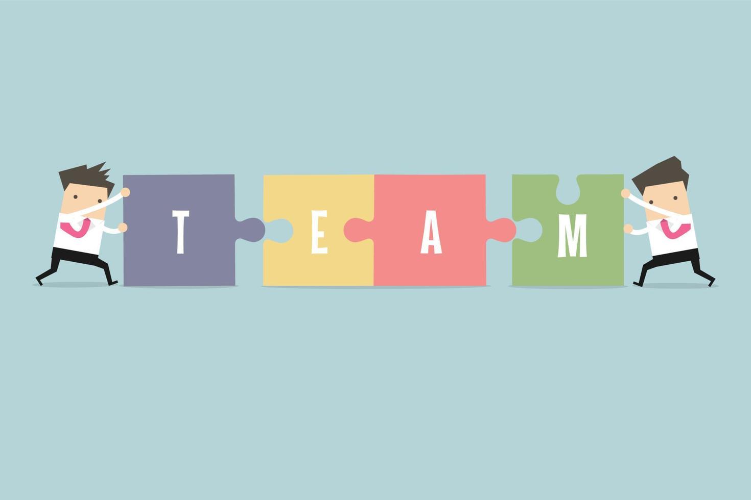 Businessman pushing jigsaw pieces with the word team. vector
