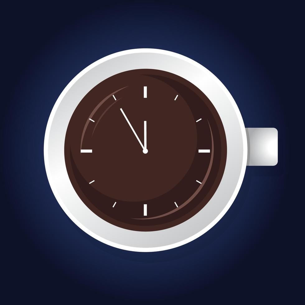 taza de café con reloj en su superficie. noche de café, concepto de pausa para el café. vector