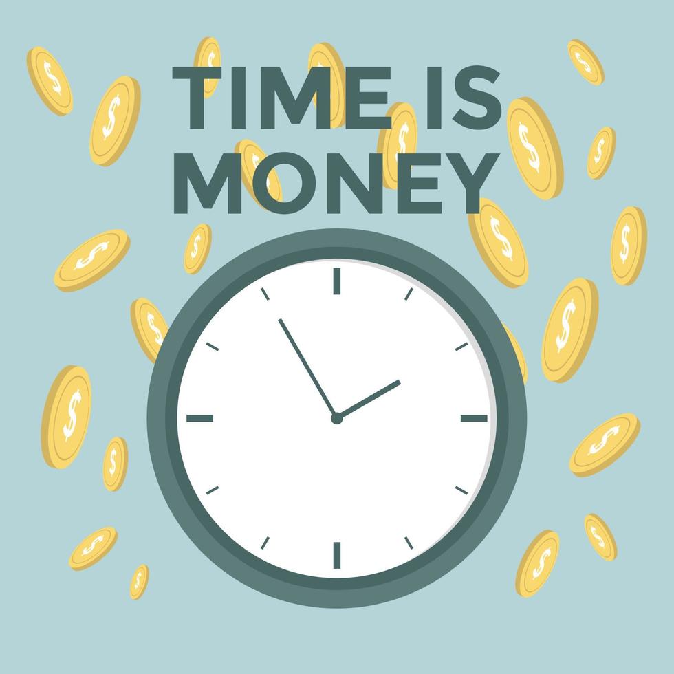 Flat time is money concept background. Money saving. vector