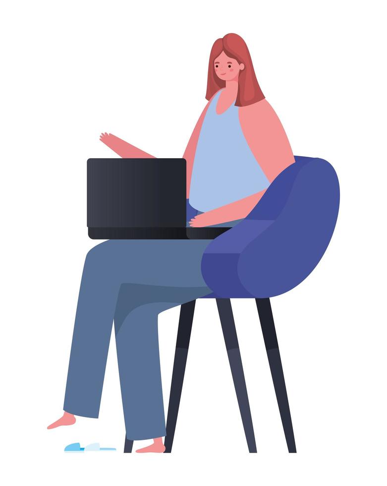 mujer con laptop en silla trabajando diseño vectorial vector