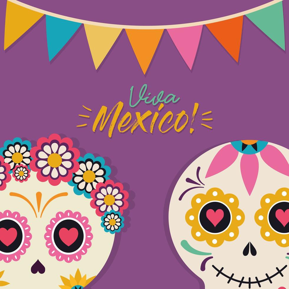 mexican female and male skull heads with banner pennant vector design