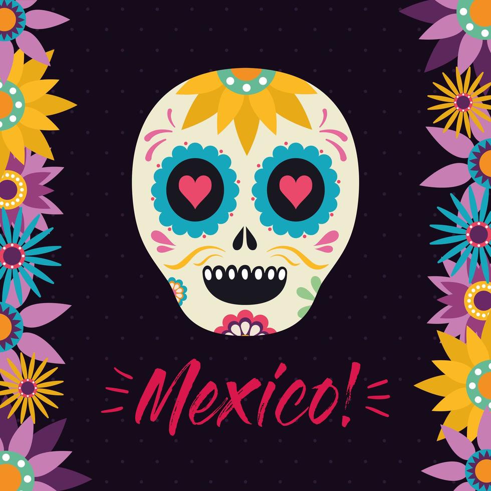 Cabeza de calavera mexicana con diseño de vector de flores