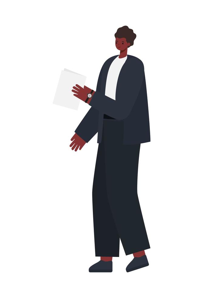 man with black hair, black suit and one paper vector