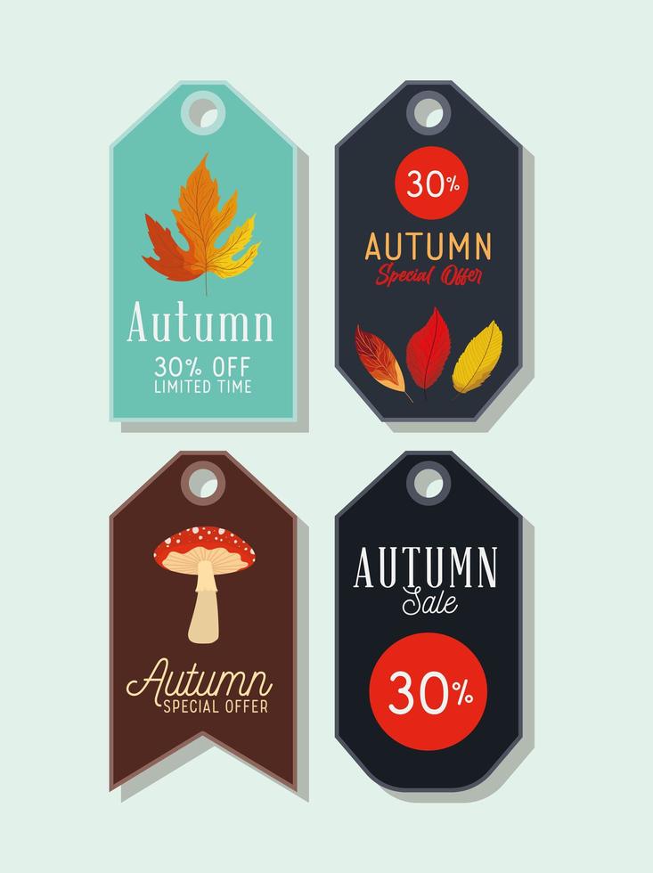cuatro etiquetas de venta de otoño vector