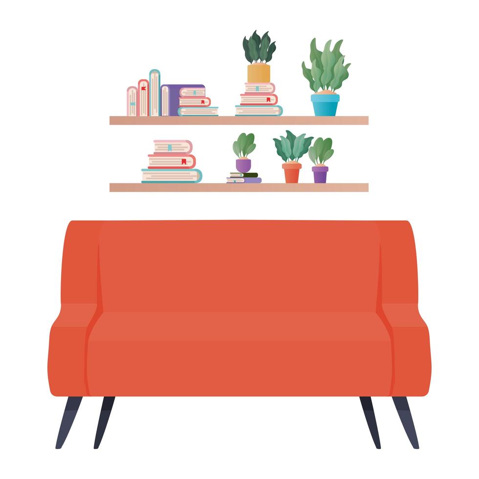 red couch under shelves vector design