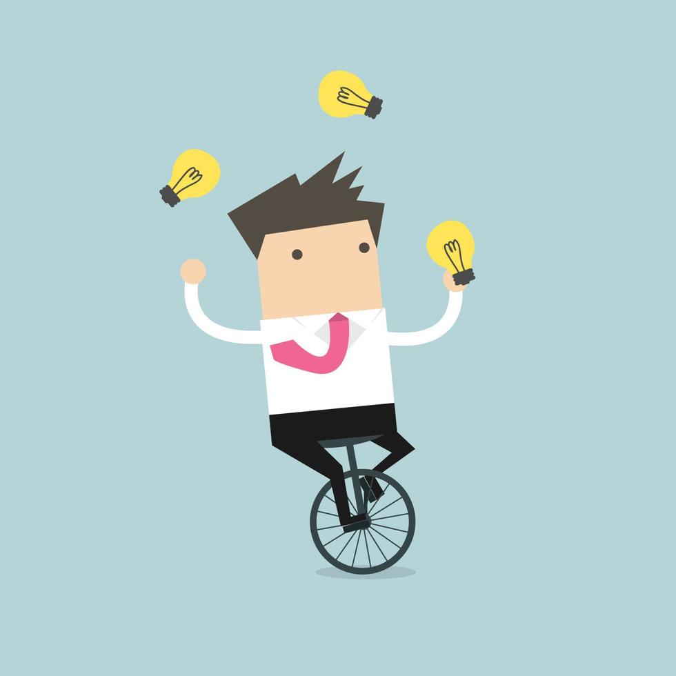 Businessman juggling light bulb while cycling. vector