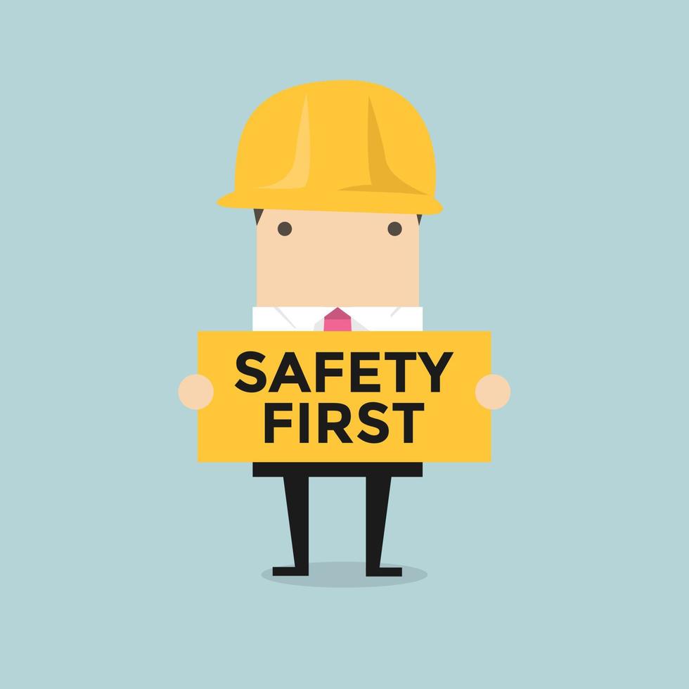 Businessman holding safety first sign. vector