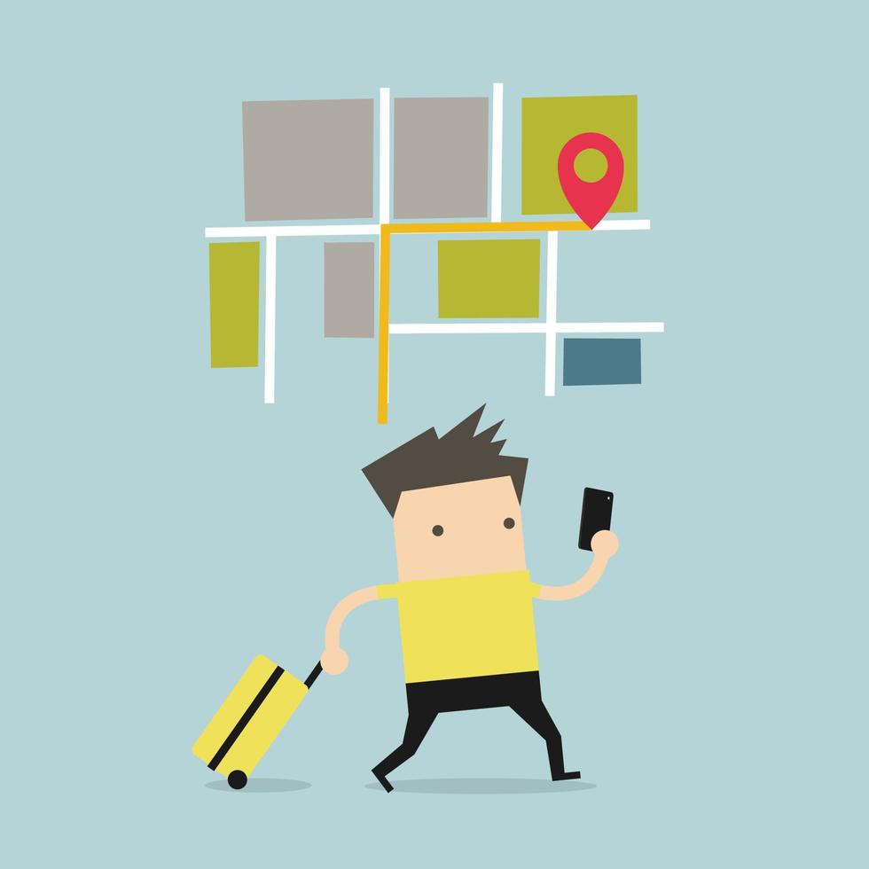 Traveling businessman using map application on smart phone. vector