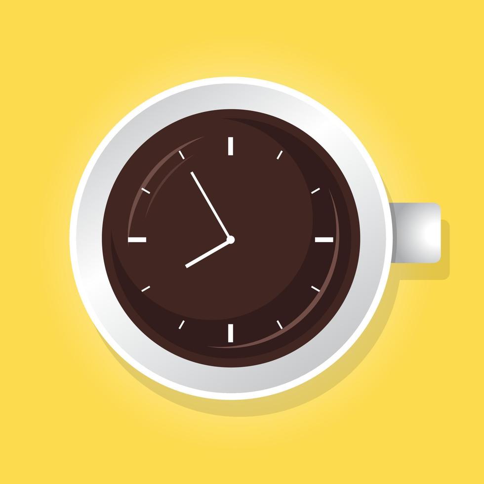 taza de café con reloj en su superficie. mañana de café, concepto de pausa para el café. vector