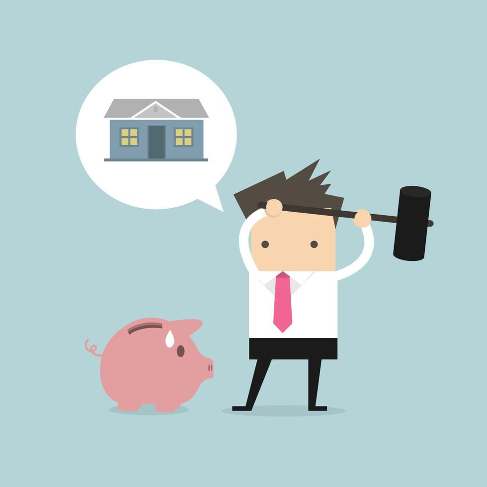 Businessman try to brake piggy bank for housing. vector