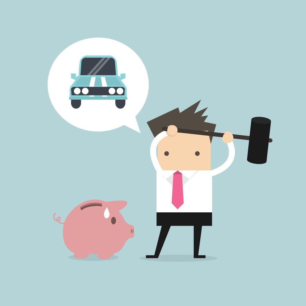 Businessman try to brake piggy bank for vehicle. vector