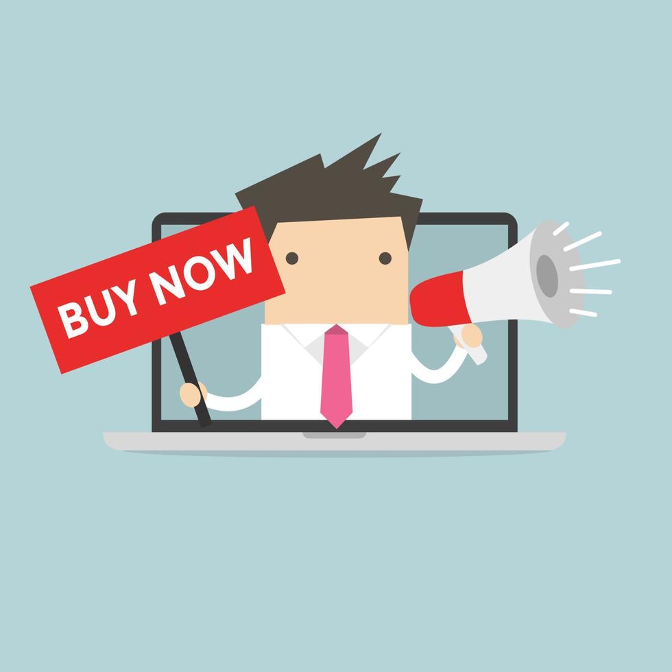 Businessman holding BUY NOW sign and megaphone in computer notebook. vector