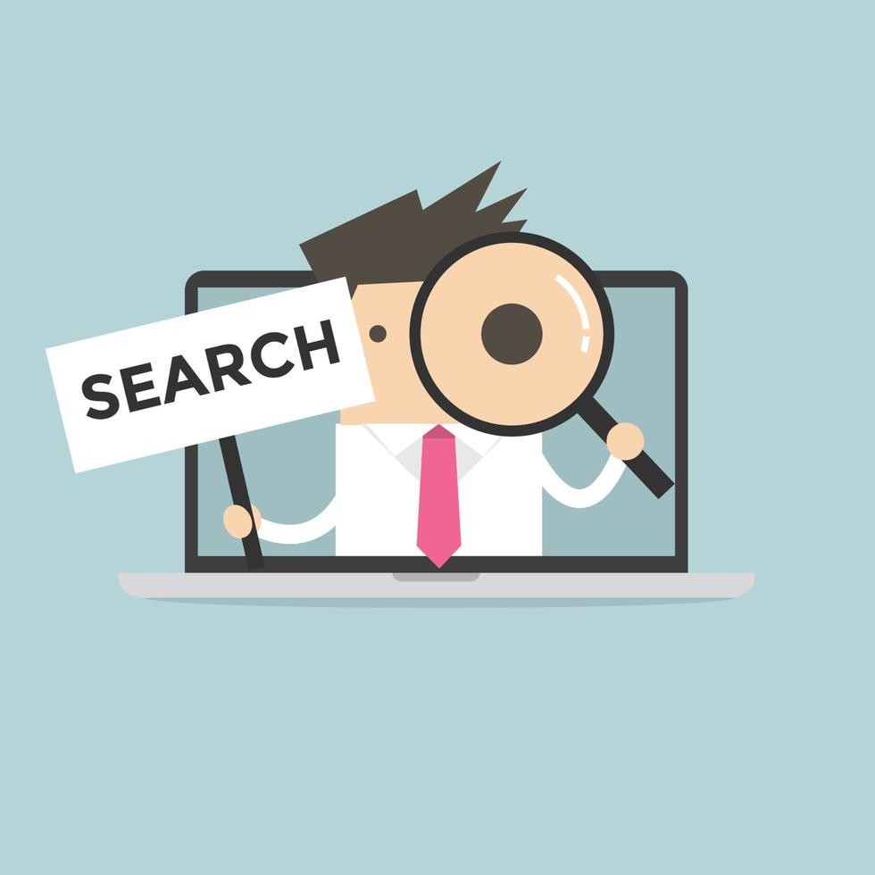 Businessman holding SEARCH sign and looking through a magnifying glass in computer notebook. vector