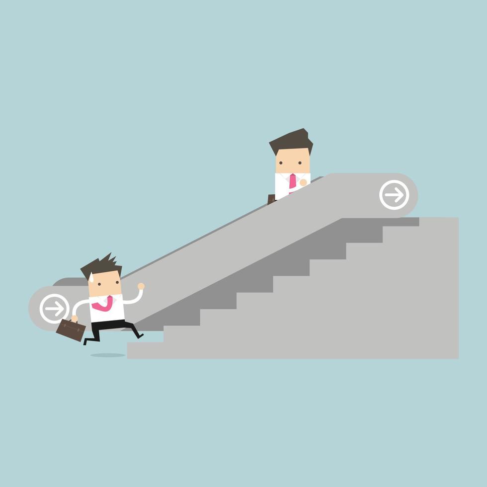 Businessman on escalator and another man climbing the stairs. vector