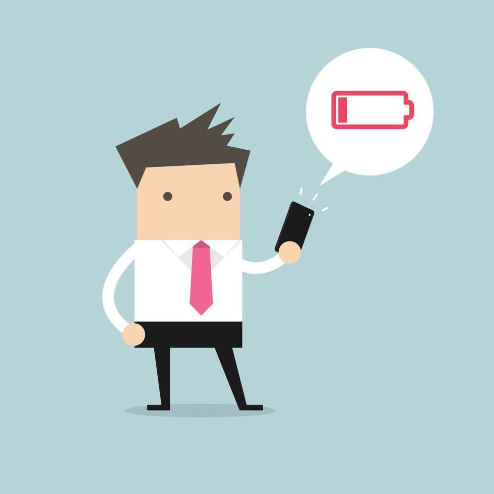 Businessman using smartphone with low battery alert. vector
