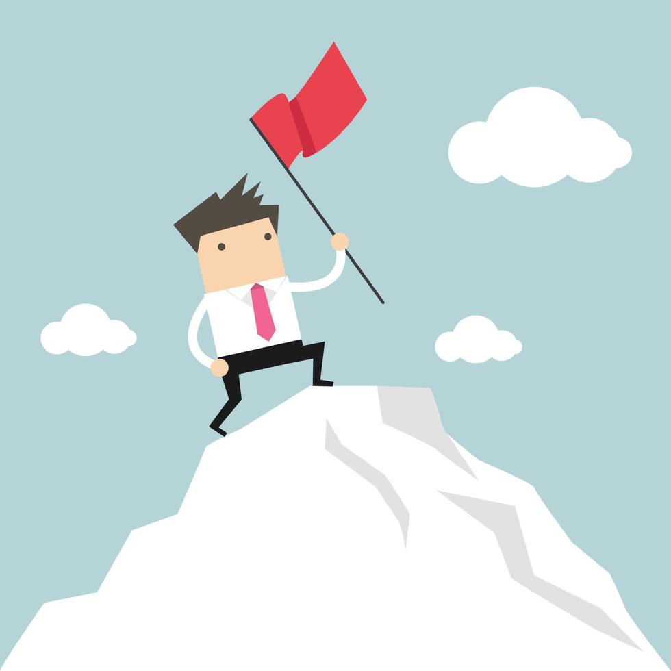 Businessman standing with red flag on mountain peak. vector