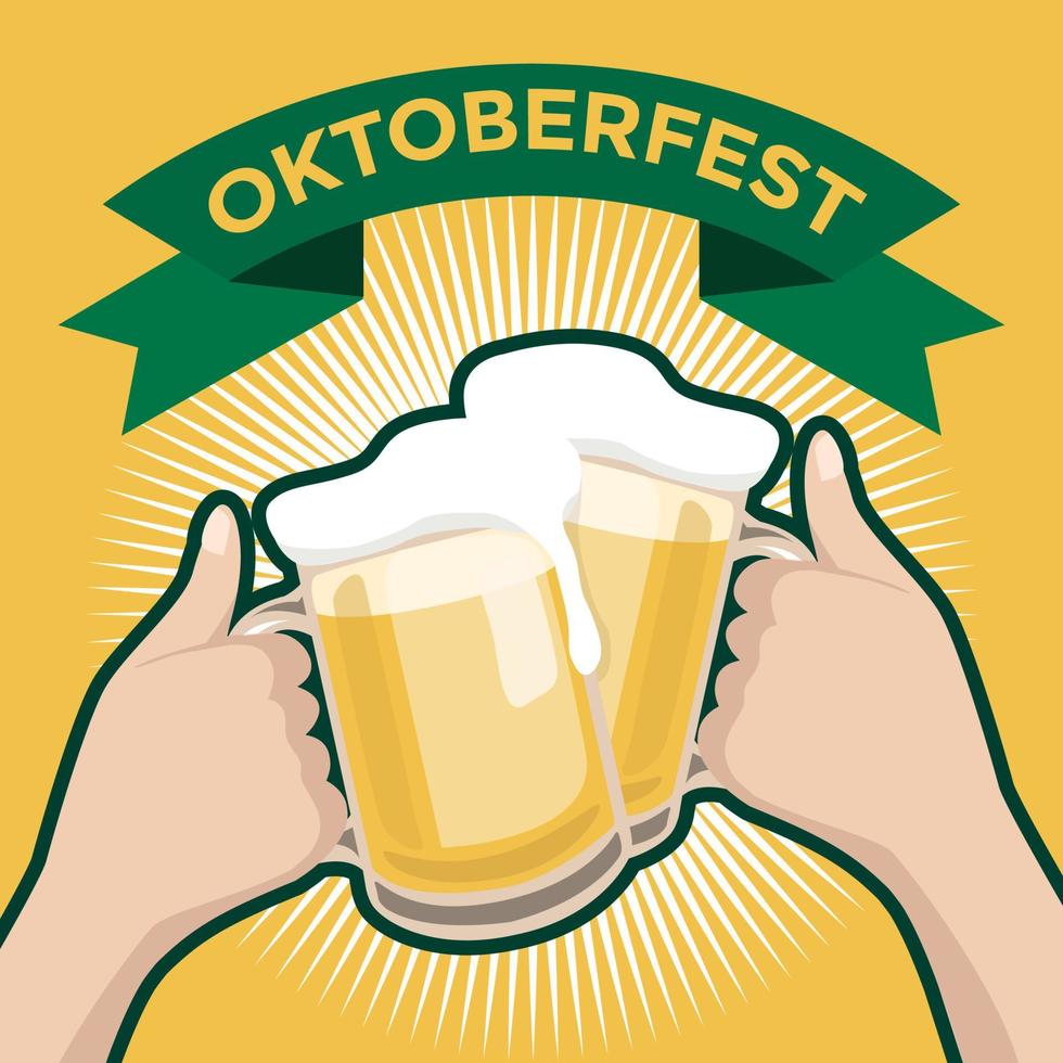 Oktober Beer Festival con dos manos brindando vasos de cerveza. vector