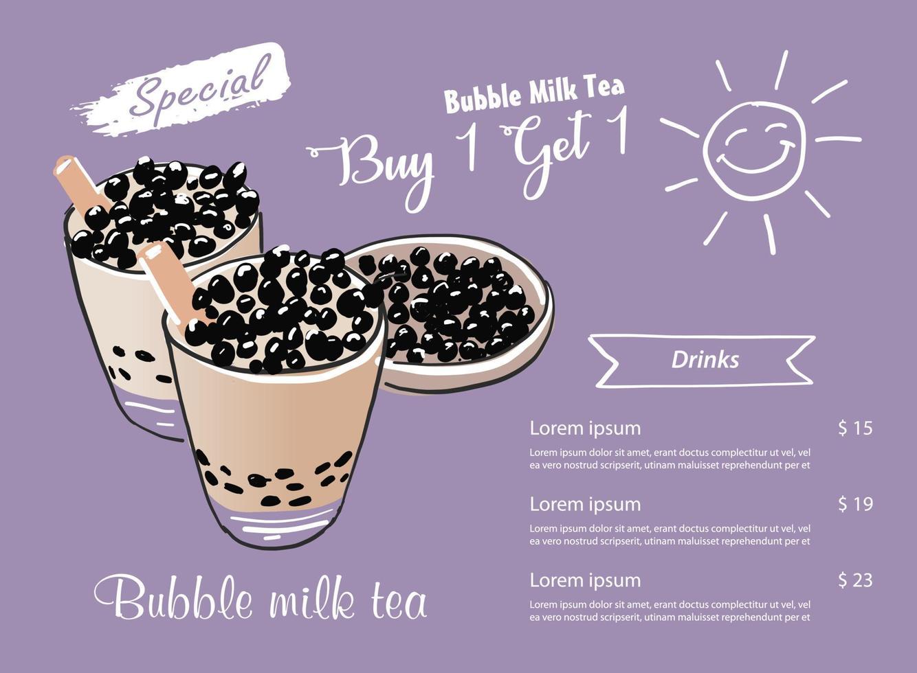 té con leche de burbujas, té con leche de perlas, diferentes tipos de boba. deliciosas bebidas. vector