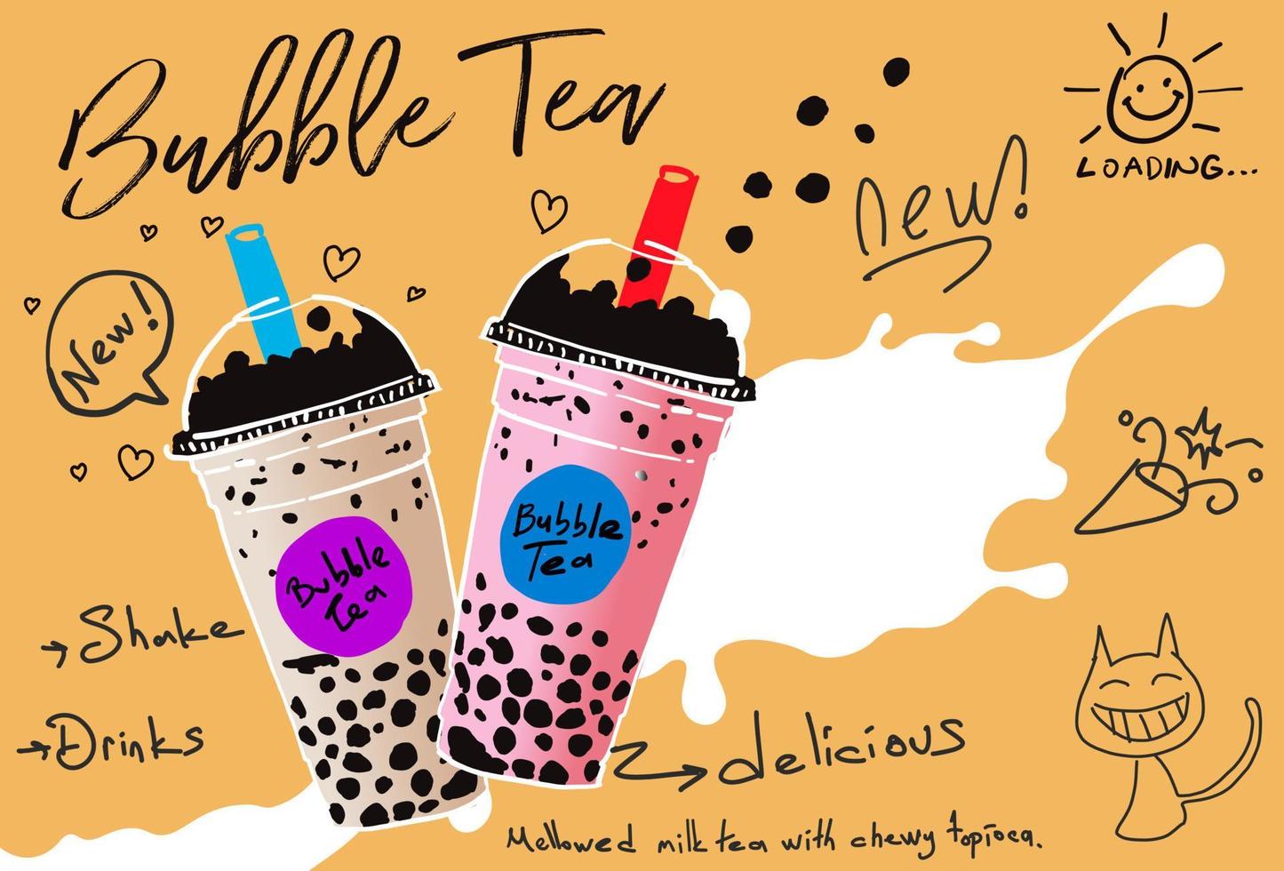 té con leche de burbujas, té con leche de perlas, diferentes tipos de boba. deliciosas bebidas. vector