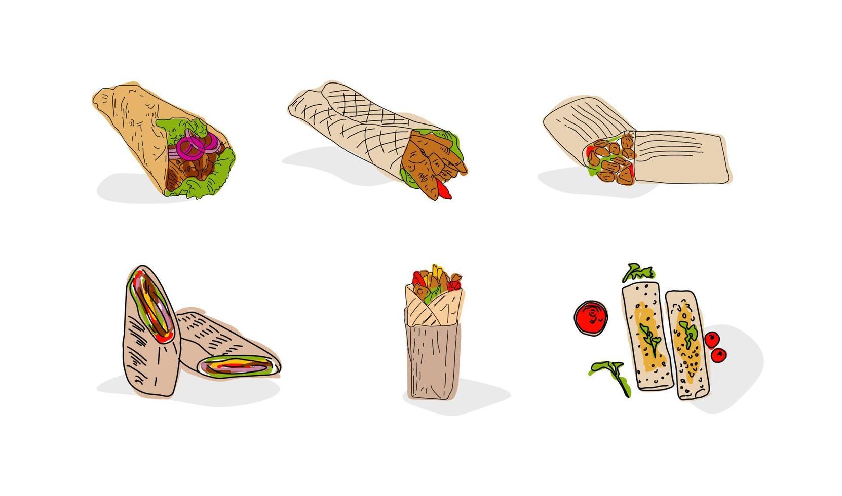 Shawarma cooking and ingredients for kebab. vector